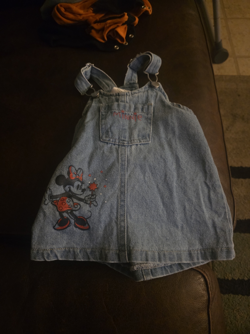 Disney Girls Denim Overall Dress with Minnie Mouse Red Accents